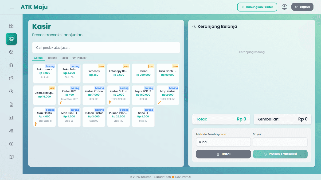 Tampilan aplikasi Kasirtta