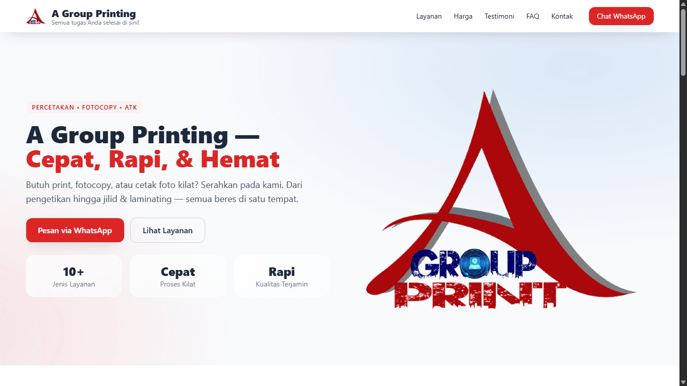 Tampilan Landing Page Agroup Printing