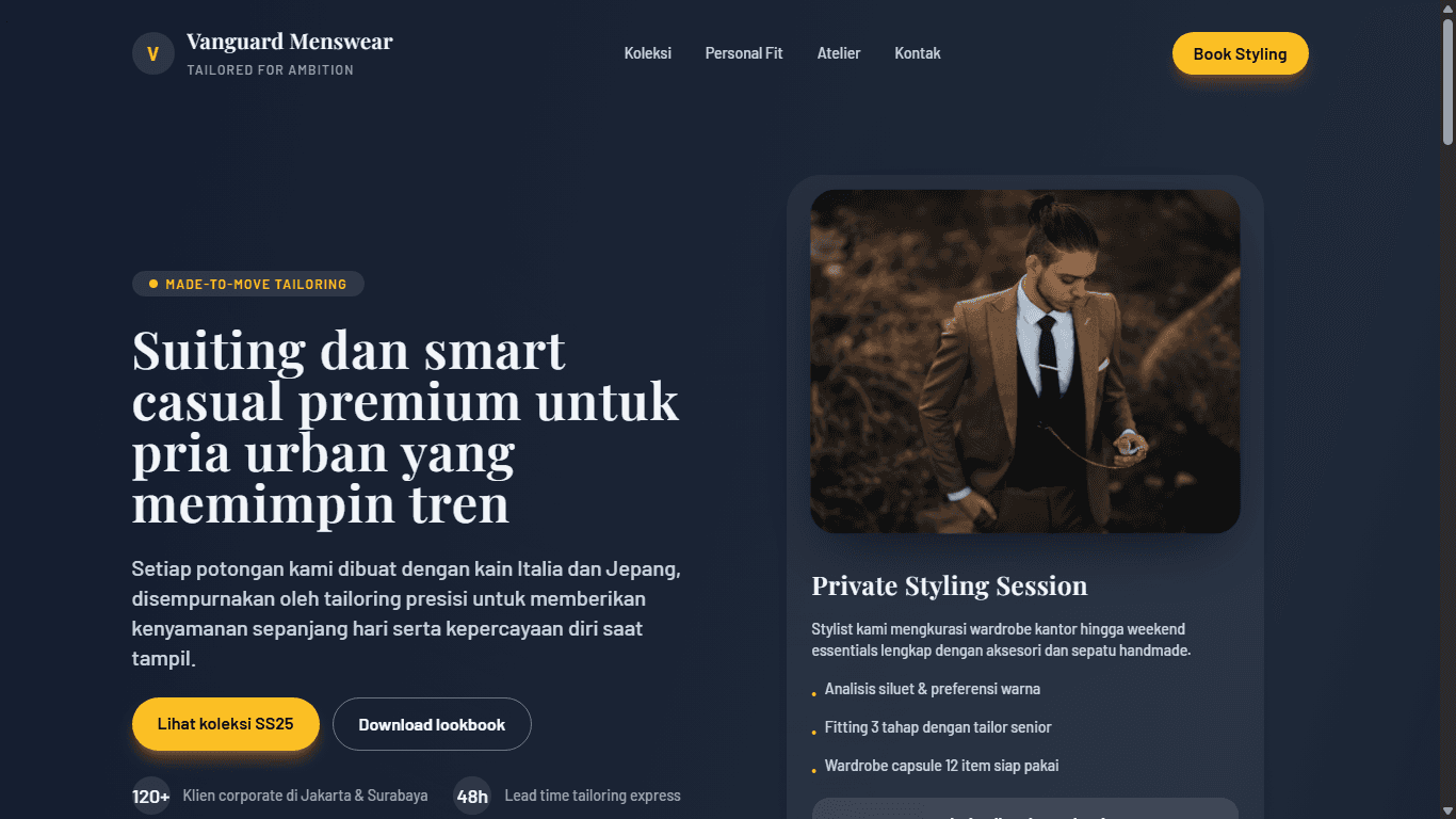 Tampilan Landing Page Vanguard Menswear